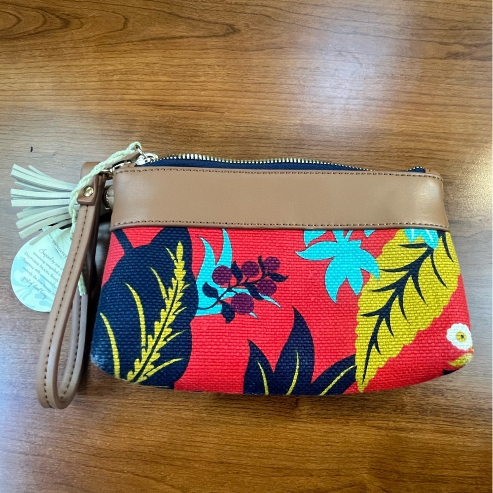 NWT Spartina Floral Natural Linen Genuine Leather Clutch Detachable Strap Tassel - Picture 9 of 13